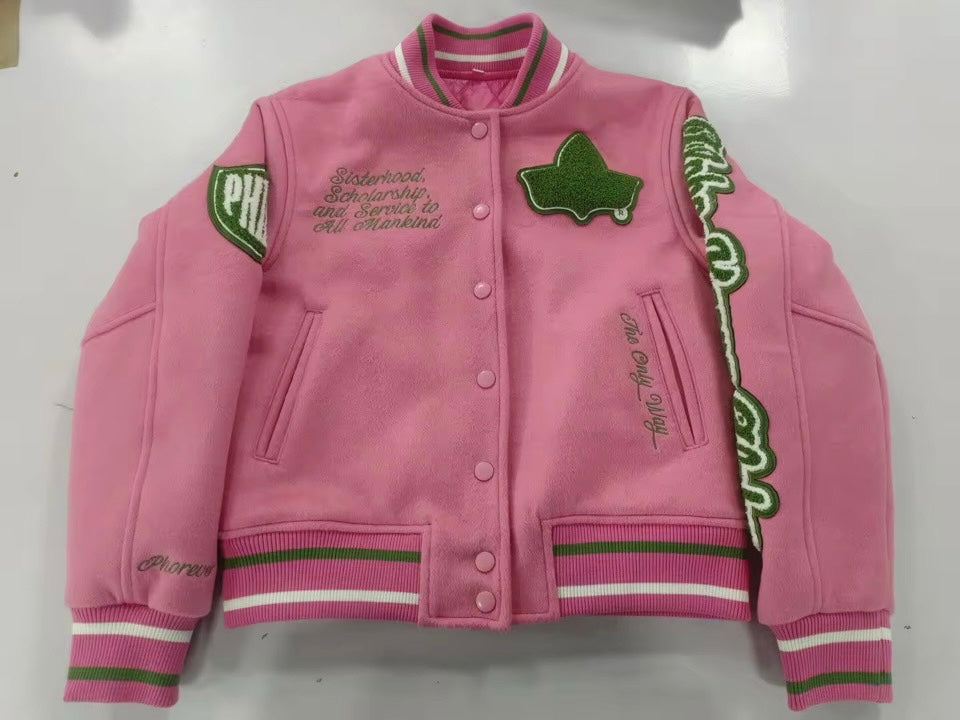 (Pre-Order) Full Length Timeless Ivy Varsity Letterman Jacket, Pink