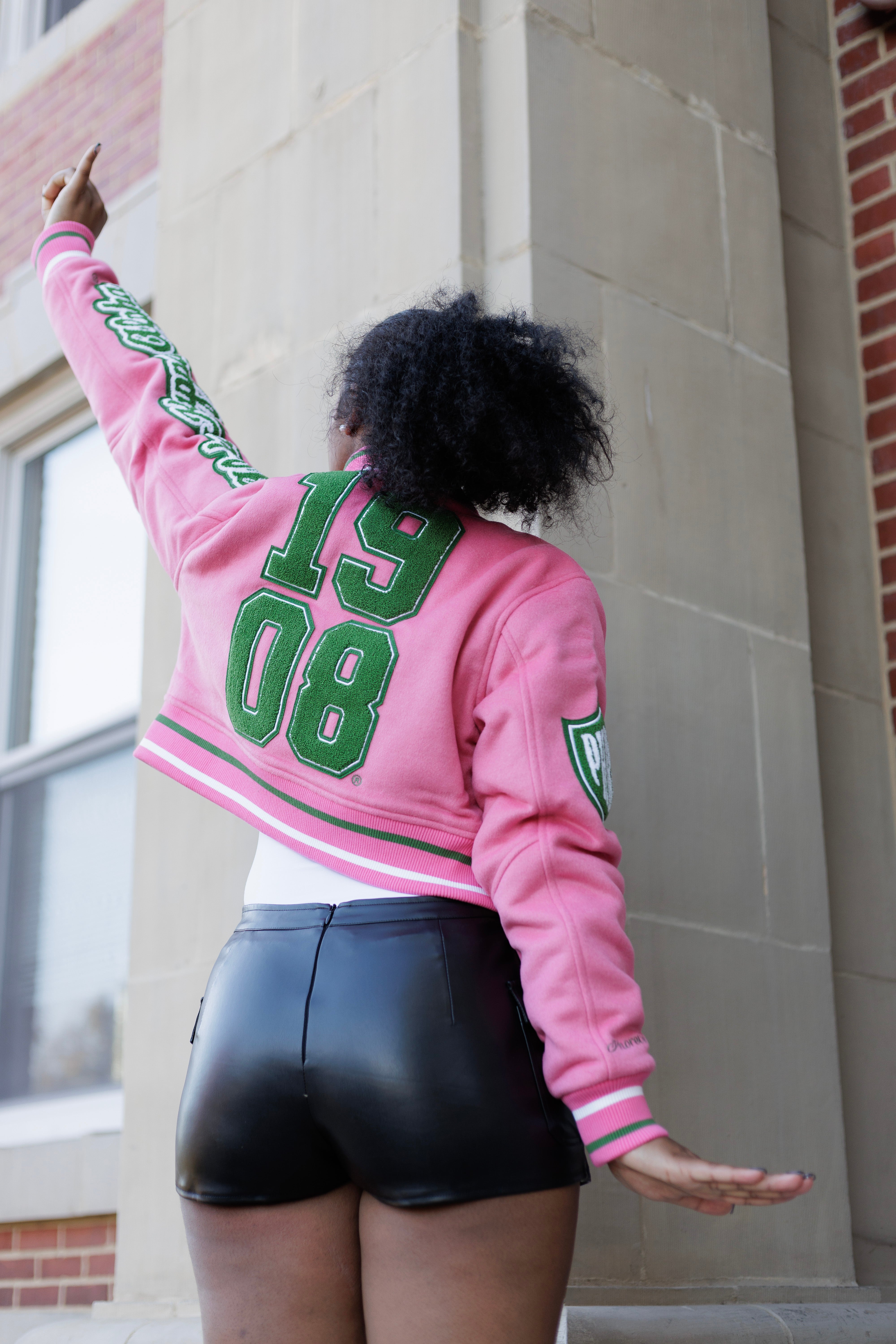 Timeless Ivy Varsity Letterman Jacket, Pink