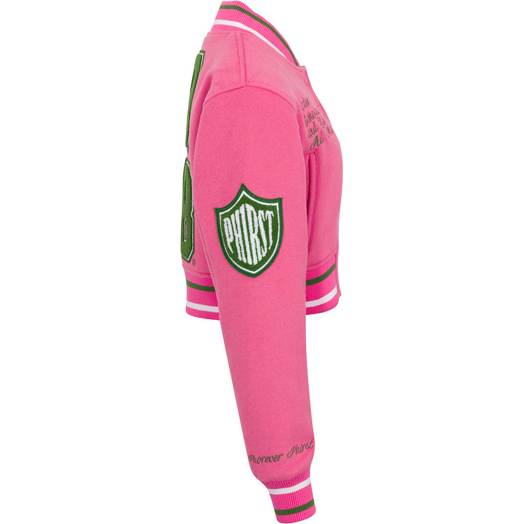 Timeless Ivy Varsity Letterman Jacket, Pink